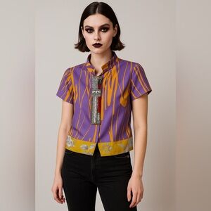 Dries Van Noten Silk Purple and Yellow Blouse with Embroidered Detail